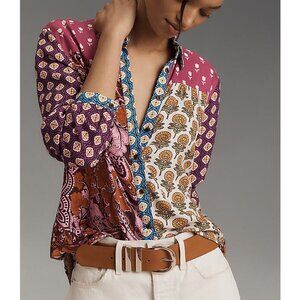 Anthropologie Maeve Paz Alida Contrast Buttondown Shirt Raspberry M Petite MP